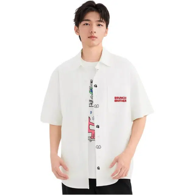 三福 刺绣门襟翻领短袖衬衫 男款