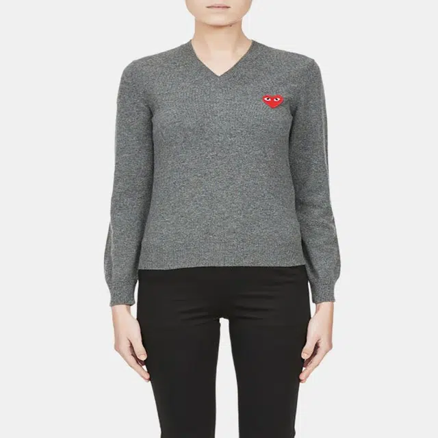 CDG Play Heart Logo Knit Sweater Grey V