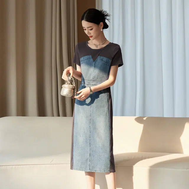 杭依阁 牛仔拼接圆领高腰中长短袖连衣裙 女款