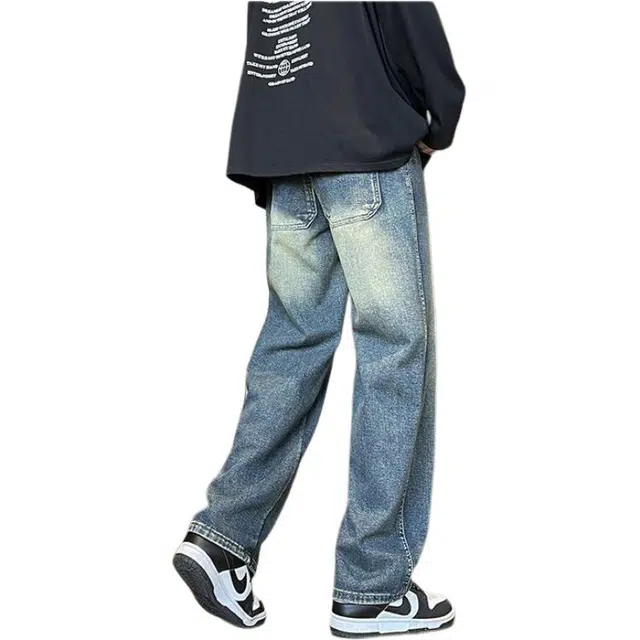 法文箱子 复古水洗做旧牛仔裤简约时尚潮流宽松百搭休闲直筒裤 男款