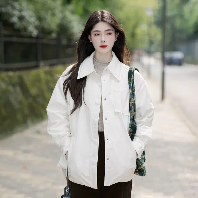 茵曼 休闲衬衫式外套时尚户外防泼水保暖白鸭绒羽绒服 男女同款