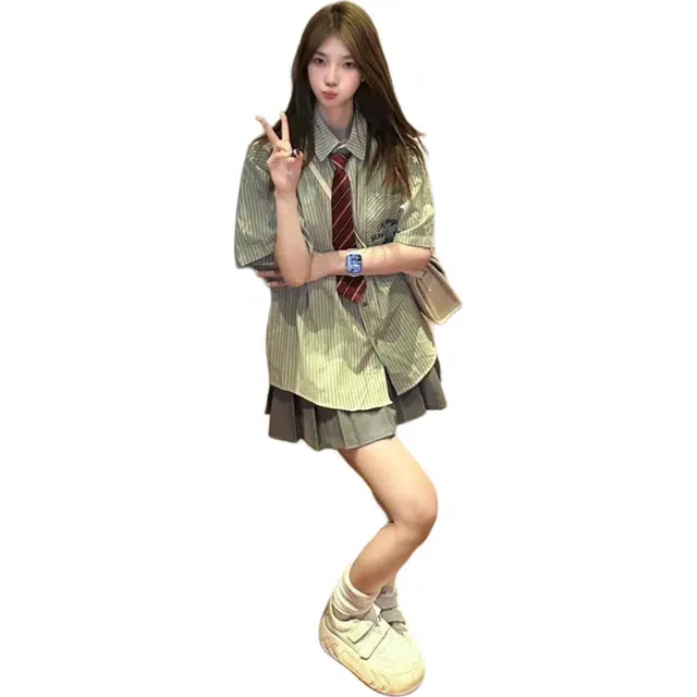 木清清 港风条纹短袖衬衫百褶裙日系学院风小个子裙装套装 女款