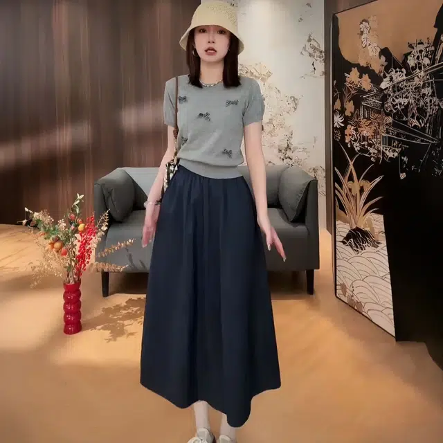 古莲菲 夏季修身显瘦针织上衣百搭半身裙温柔知性衣服洋气休闲两件套裙装套装 女款