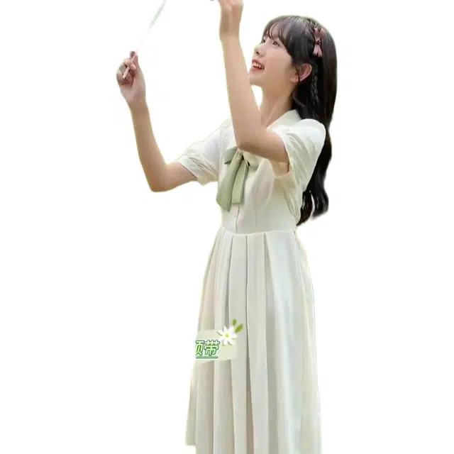 花蔓色 法式学院风撞色蝴蝶结装饰超仙衬衫裙短袖连衣裙 女款