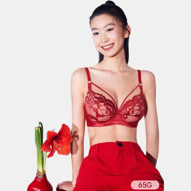 奶糖派 花盛系列 大胸显小蕾丝本命年文胸 女款 丝绒红