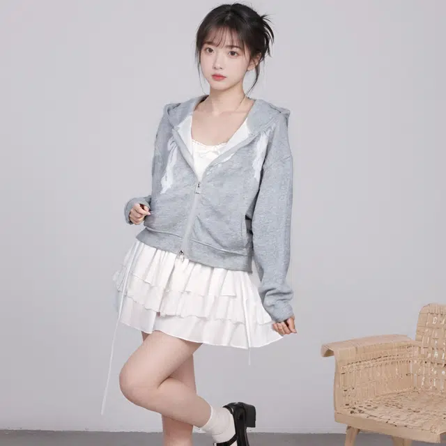 御茶家 纯色连帽宽松长袖卫衣 女款 灰色