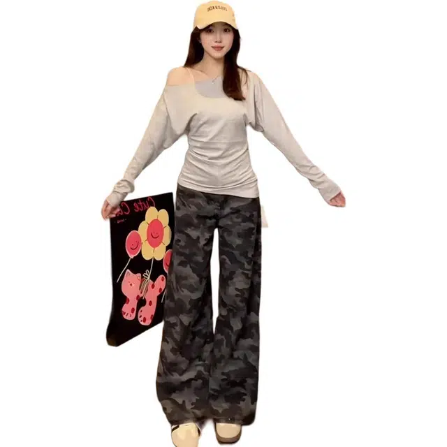 海獭 高腰宽松直筒拖地长裤大码胖妹妹设计感美式复古迷彩阔腿牛仔裤 女款