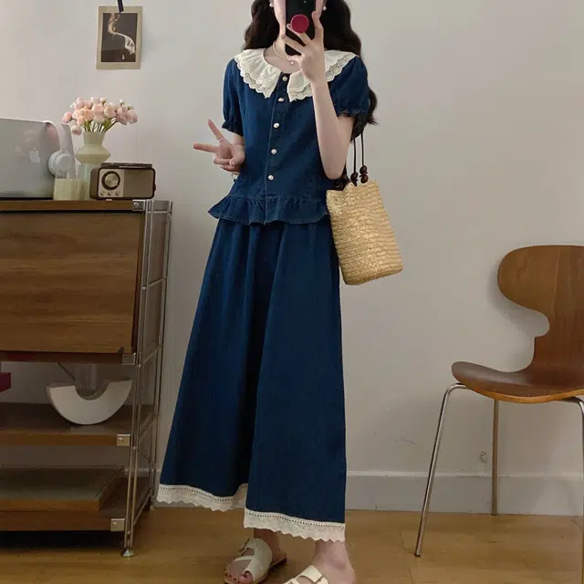 古莲菲 高级感洋气韩版时尚气质显瘦百搭蕾丝拼接牛仔上衣半身裙两件套裙装套装 女款