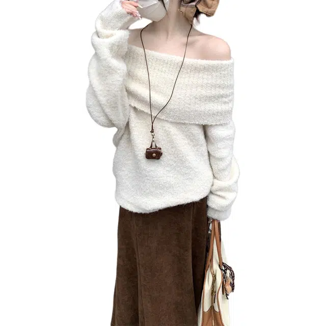 思蓓儿 秋冬韩版慵懒软糯一字肩套头露肩长袖女上衣针织衫 女款