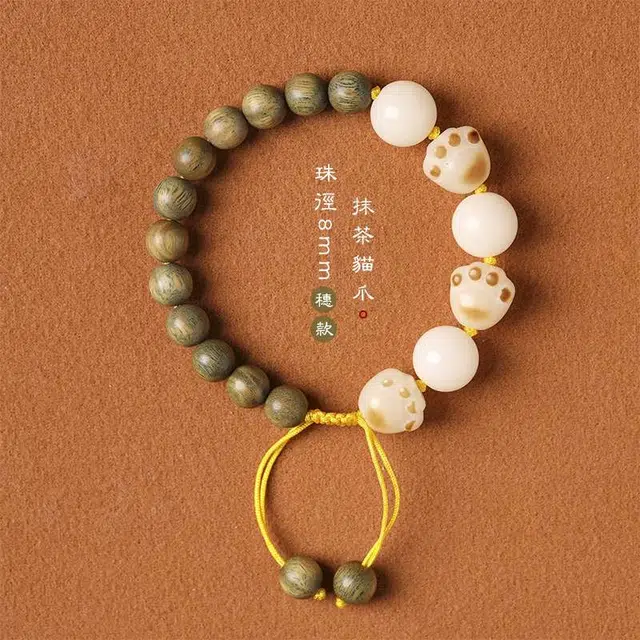 爵倾 小清新天然念珠拼接炭烧菩提萌猫爪好运女生可爱气质文艺手链 绿檀 手串 男女同款情侣款
