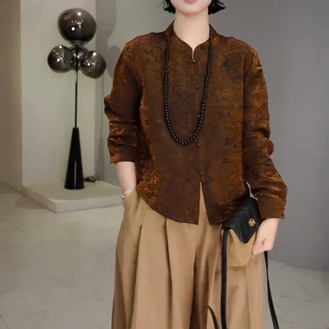 水中花 早秋复古新中式小立领单排扣暗纹提花气质百搭上衣衬衫 女款