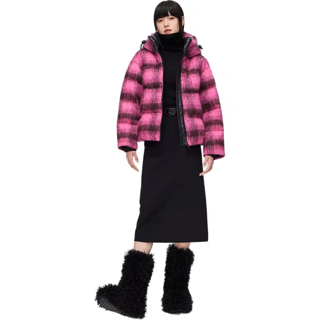 波司登 含绵羊毛鹅绒金属袖标格子连帽宽松短款羽绒服 女款