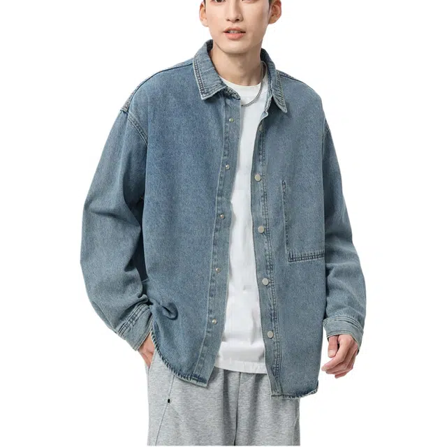 米素力 复古牛仔宽松翻领长袖衬衫 男款 蓝色