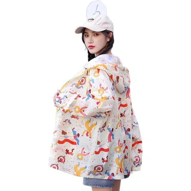 沐晓欣 印花防晒衣可爱风连帽长袖宽松连帽薄款上衣截短外套 女款 花色