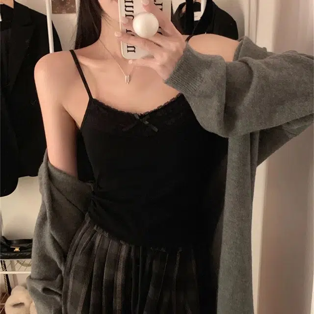 御茶家 辣妹纯欲风蝴蝶结蕾丝拼接带胸垫修身上衣细吊带 女款
