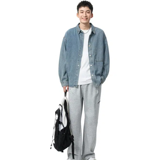 米素力 复古牛仔宽松翻领长袖衬衫 男款 蓝色