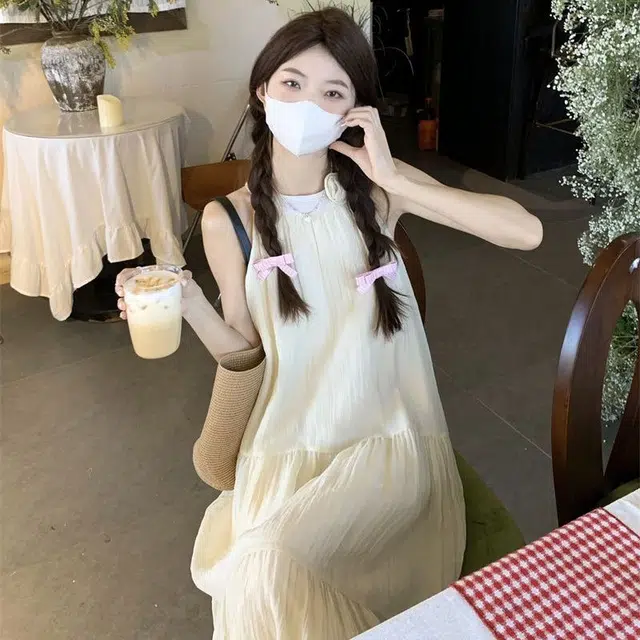 珠蒂美 甜美纯色度假风高腰时尚无袖连衣裙 女款