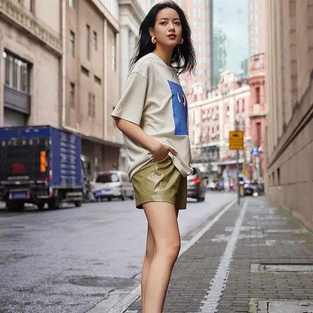 美洋 牛皮纸皮松紧带阔腿休闲短裤 女款