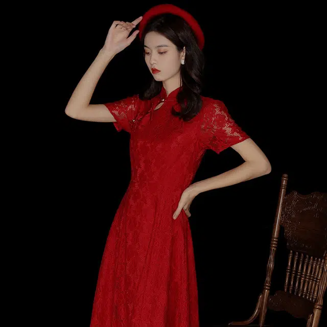 槿爷东方 纯色蕾丝连衣裙半身裙 女款 红色