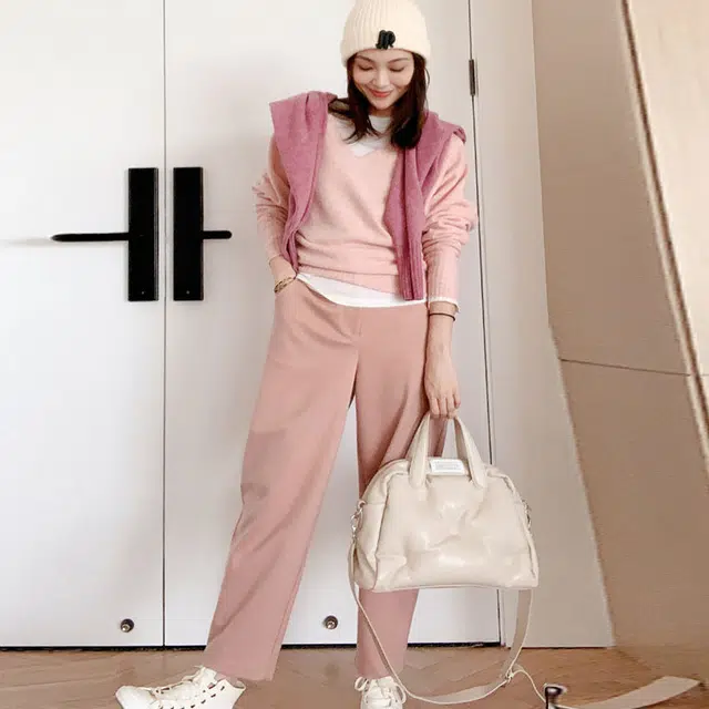美洋 纯色锥形高腰九分休闲裤 女款 烟粉色