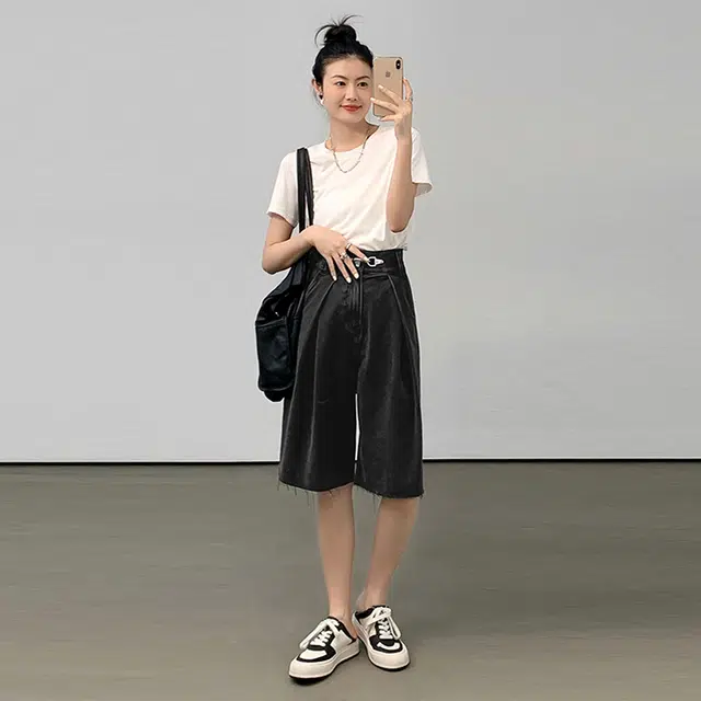 美洋 水洗做旧高腰阔腿牛仔裤 女款