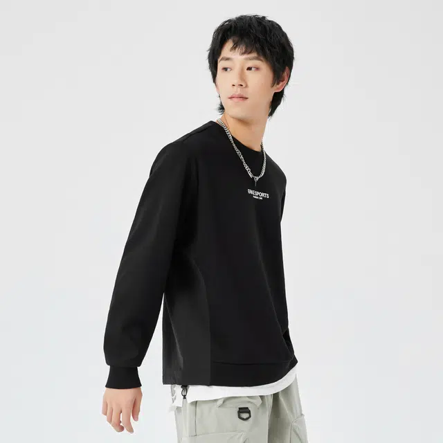 鸿星尔克 生活系列 纯色字母标识宽松休闲运动长袖卫衣 男款 正黑
