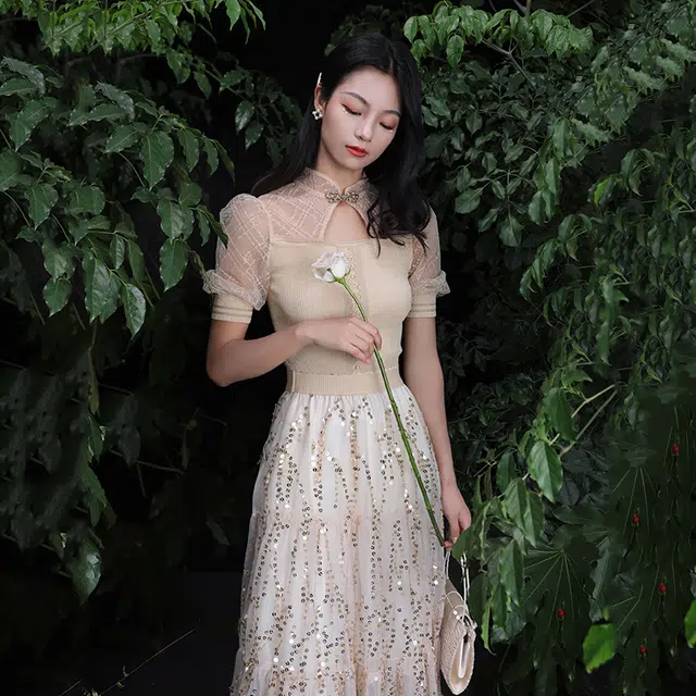 槿爷东方 织网状闪片半身纱裙 杏色