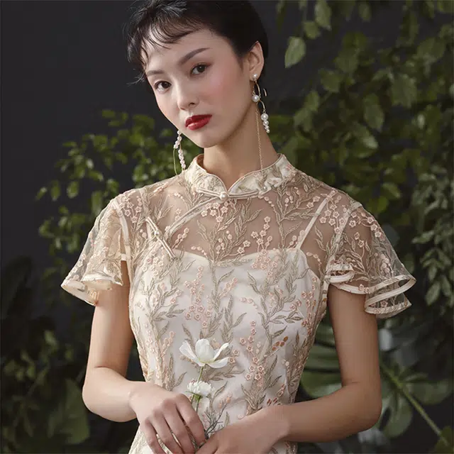 槿爷东方 中国风刺绣小飞袖旗袍 女款 杏色
