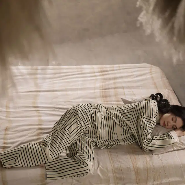 同语 睡衣家居服休闲套装 侘寂  女 春秋季 纯棉条纹韩版  长袖薄款 可外穿 家居套装