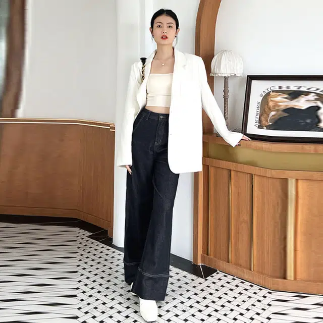 美洋 高腰明线微喇阔腿纯色牛仔裤 女款 深蓝色