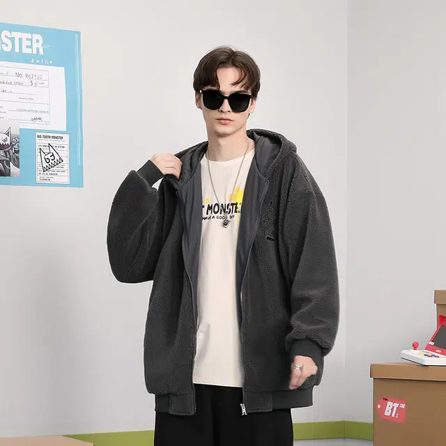 bt Simple Monster Letter Embroidered Fleece Hoodie Jacket