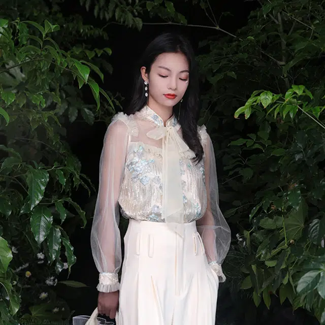 槿爷东方 金曲花蝴蝶结刺绣网纱长袖衬衫 女款 蓝绿色