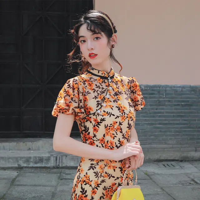 槿爷东方 碎花丝绒短袖旗袍 女款 姜黄色
