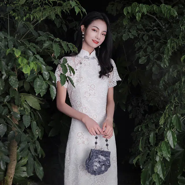 槿爷东方 奶茶白琵琶珍珠花扣双斜襟旗袍 女款 奶茶白