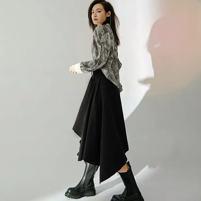 美洋 纯色斜纹纱双层不规则半身裙 女款 黑色
