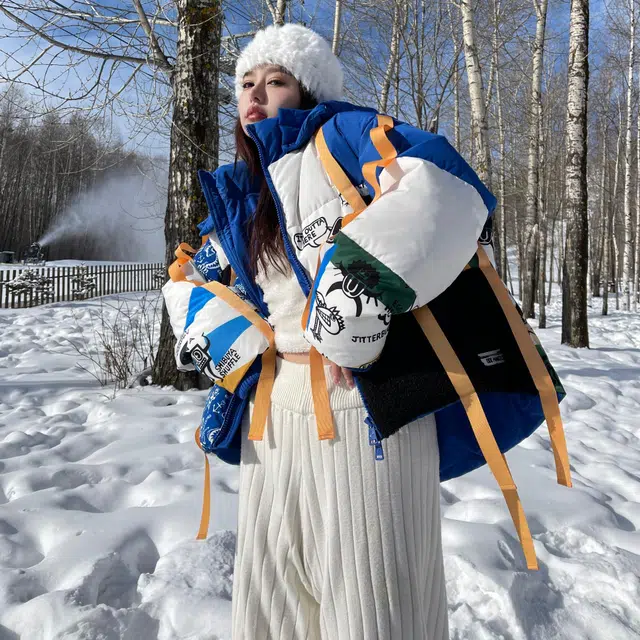 13 DEMARZO x MARK WIGAN Graffiti Ribbon Hooded Down Jacket Blue White