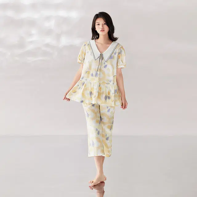 安之伴 夏季薄款女凉感纯棉短袖甜美睡衣宽松家居套装 女款 浅黄