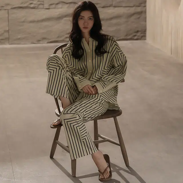 同语 睡衣家居服休闲套装 侘寂  女 春秋季 纯棉条纹韩版  长袖薄款 可外穿 家居套装