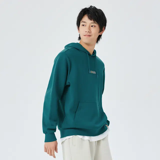 鸿星尔克 纯色字母印花休闲运动套头连帽长袖卫衣 男款 桐绿色