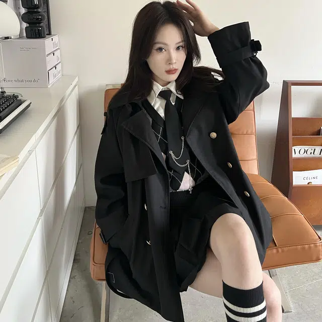 九条喵 纯色双排扣系带风衣外套 女款 黑色