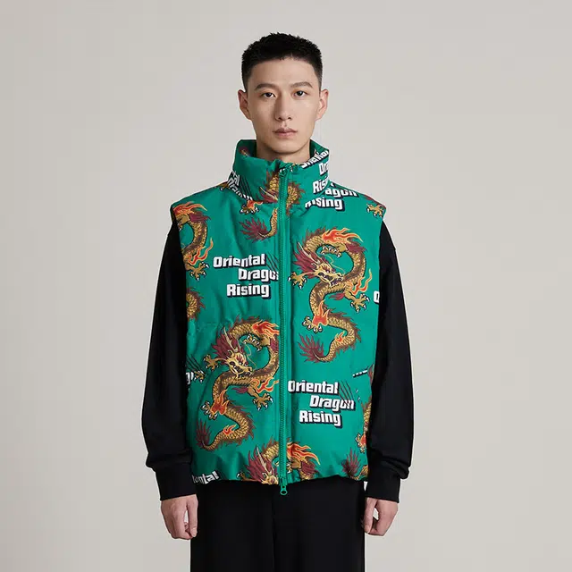 华人青年 字母印花羽绒马甲 男女同款 绿色
