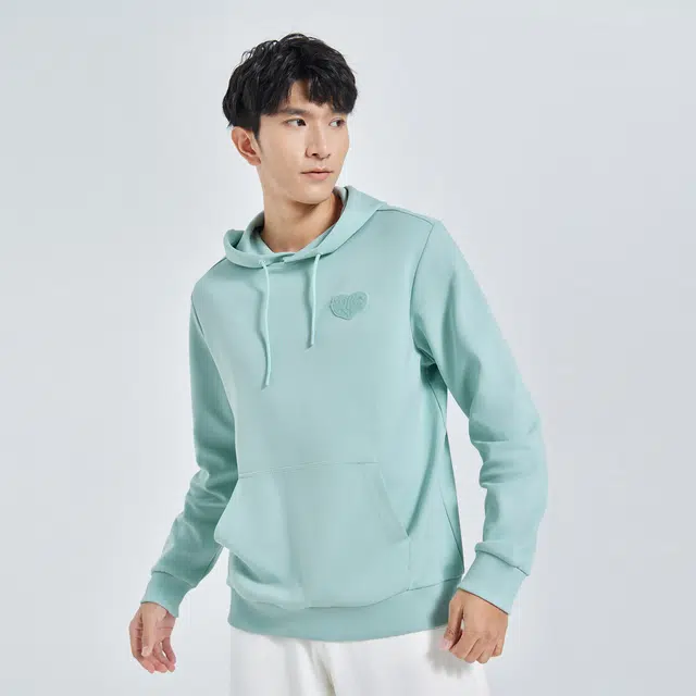鸿星尔克 生活系列 爱心印花纯色运动抽绳连帽长袖卫衣 男款 羽纱绿 推荐