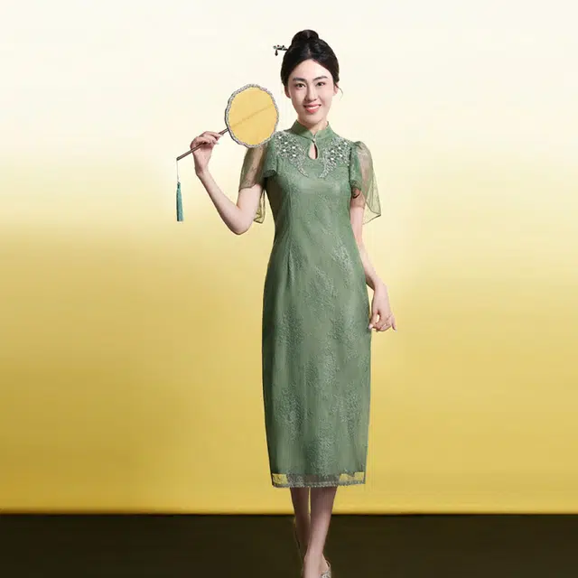 四美子 复古纯色新中式改良蕾丝荷叶短袖连衣裙 清黛