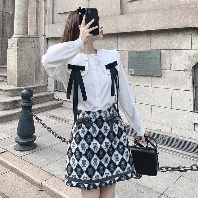 松本丧丧 纯色蝴蝶结娃娃领长袖衬衫 女款 白色