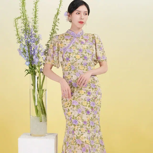 四美子 短袖鱼尾连衣裙吊带连衣裙裙装套装 女款 花折柔