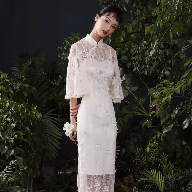 槿爷东方 梦蝶蕾丝长袖旗袍裙 女款 浅杏色