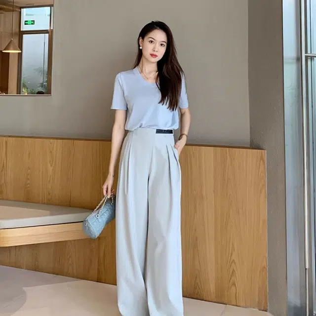 美洋 纯色直筒休闲短袖针织衫 女款 浅蓝色