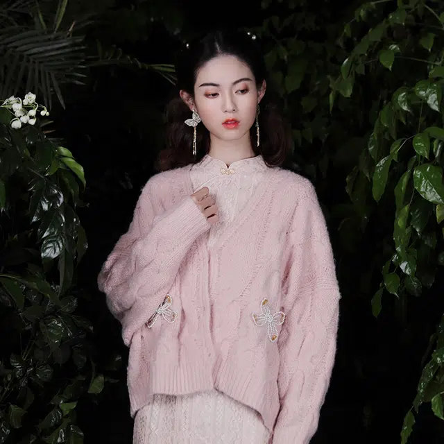 槿爷东方 粉玉蝶针织开衫外套宽松毛衣 女款 藕粉色