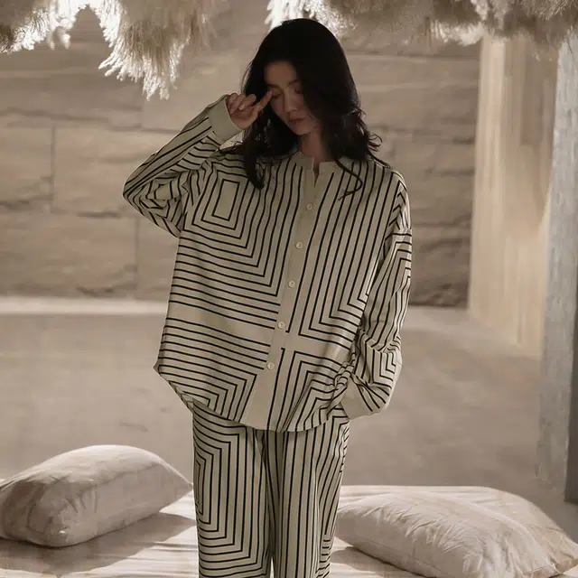 同语 睡衣家居服休闲套装 侘寂  女 春秋季 纯棉条纹韩版  长袖薄款 可外穿 家居套装