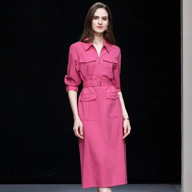 达菲时尚 复古收腰工装风长袖连衣裙 玫红